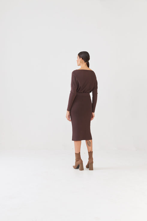 Saia Midi Reta Em Tricot Canelado Cafe